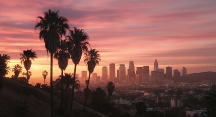 Obraz premium Los Angeles Skyline at Sunset with Palm Trees Silhouetted Against Vibrant Sky