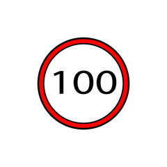 Speed limit sign. Number 100 on white. Red circle illustration. Vector road regulation.