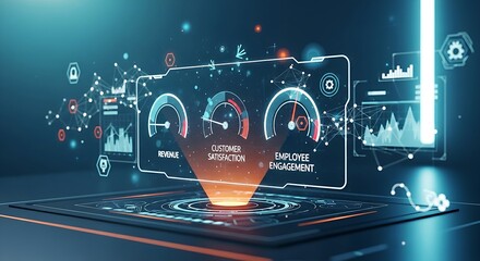 Business health dashboard concept. An overview of a holographic dashboard with three key meters: "Revenue," "Customer Satisfaction," and "Employee Engagement."