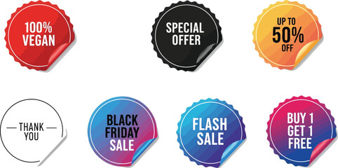 Obraz premium Colorful promotional sale stickers set, 7 retail discount labels with curled corners, black friday and special offer marketing badges in EPS format