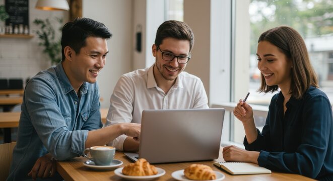 Three cheerful young colleagues collaborating on a business project using a laptop during a casual meeting in a modern coffee shop.