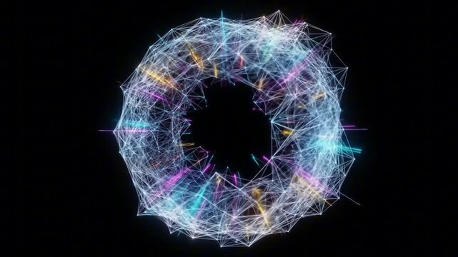 A complex interconnected network of lines forming a donut shape set against a backdrop of light streaks