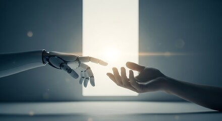 Robot hand reaching out to human hand in futuristic setting with light