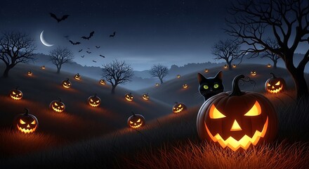 Spooky halloween night scene with glowing jackolanterns and a black cat