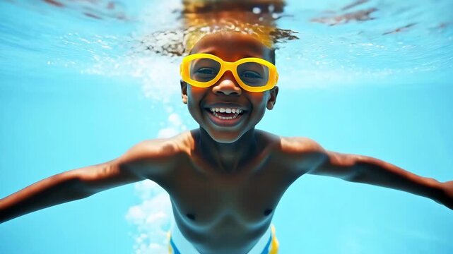 Happy African American boy in swimming goggles smiling underwater, kid in swimming pool at water park