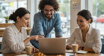 Smiling diverse team of young professionals collaborating on a project with a laptop in a modern cafe
