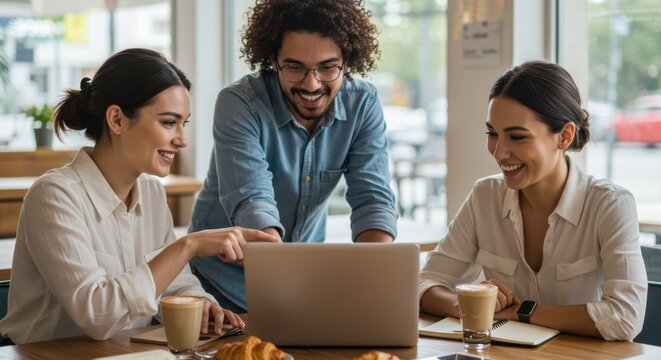Smiling diverse team of young professionals collaborating on a project with a laptop in a modern cafe