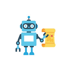 Fototapeta premium Blue robot holds a treasure map on a white background.