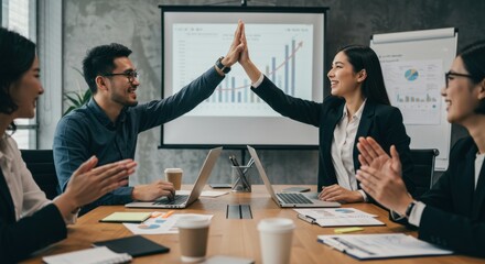 Successful business team celebrating a major achievement with a high-five during a corporate meeting in a modern office.