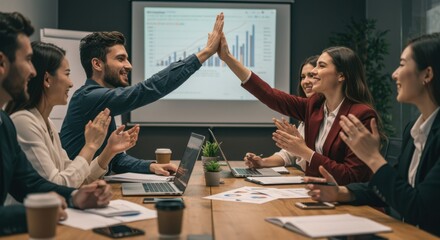 Group of diverse business professionals celebrating success with a high-five and applause in a modern office meeting