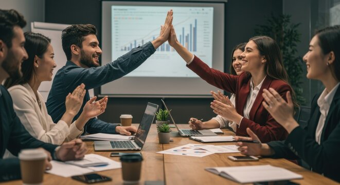Group of diverse business professionals celebrating success with a high-five and applause in a modern office meeting - Powered by Adobe