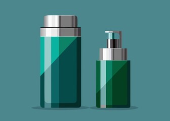 Two Green Cosmetic Bottles with Silver Accents on a Teal Background for Beauty Products
