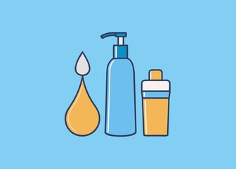 Minimalist Illustration of Hygiene Products Shampoo Lotion and Oil on a Light Blue Background