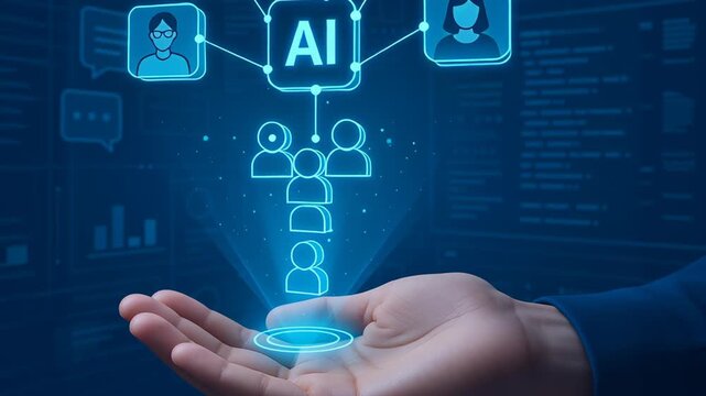 AI software developer collaboration concept featuring hand holding digital network connection and user icons in futuristic technology background
