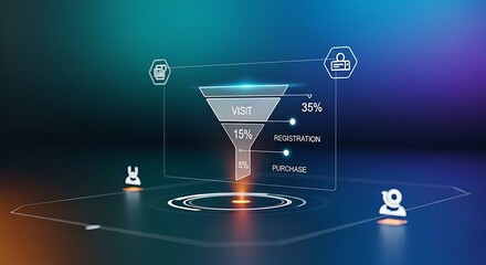 Conversion funnel analysis. A hologram of a funnel shows the percentage of users moving from one stage to the next (e.g., Visit -> Sign-up -> Purchase).