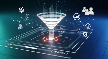 Conversion funnel analysis. A hologram of a funnel shows the percentage of users moving from one stage to the next (e.g., Visit -> Sign-up -> Purchase).