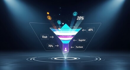 Conversion funnel analysis. A hologram of a funnel shows the percentage of users moving from one stage to the next (e.g., Visit -> Sign-up -> Purchase).