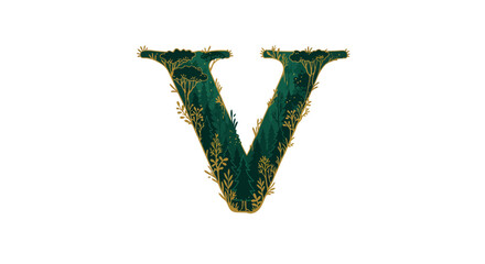 Letters of the alphabet letter v forest illustration green and gold foliage alphabet design nature themed typography decorative art vector