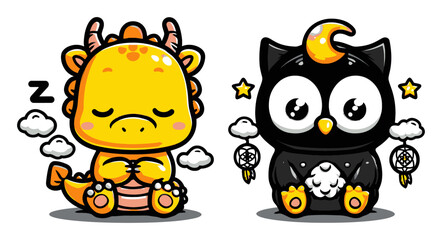Cute Cartoon Dragon and Owl Characters in Dreamy Sleepy Pose