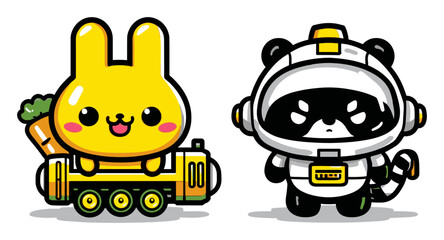 Obraz premium Cute Cartoon Characters on Train Featuring Bunny and Panda Astronaut