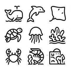Simple Outline Aquatic Animals and Coral Line Art Icon Set
