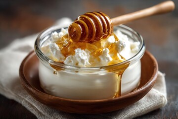 A glass bowl of cottage cheese topped with honey and a wooden honey dipper on a wooden plate matting