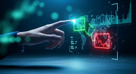 Performance heatmap concept. A hand points to a holographic map where high-performance areas glow green and low-performance areas are red.