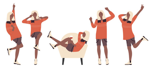 Trendy afro girl in orange sweater and shorts showing playful party poses, dancing, relaxing, and celebrating, perfect for lifestyle, youth, or event concepts isolated on white background vector