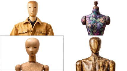 Four wooden mannequins; two headless torsos, one with a jacket, and one with a patterned fabric covering