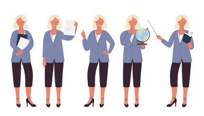 Obraz premium Professional woman teacher in various classroom poses holding documents, globe, book, and pointer for education, training, and school design isolated on white background vector illustration