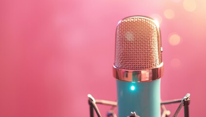A retro-style, blue microphone stands out against a soft pink bokeh-filled backdrop