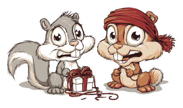 Cute Cartoon Animals with Gift and Expressions in Hand-Drawn Style