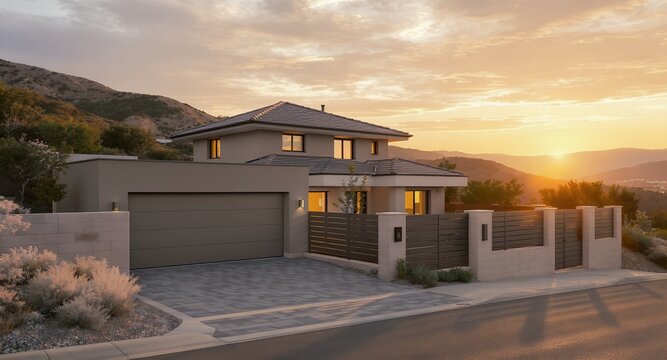 Modern Home Exterior at Sunset with Mountain Backdrop and Stylish Fence