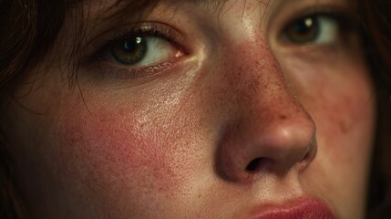 Fototapeta premium close-up of her face showing glassy eyes, slightly downturned lips, and subtle tension, authentic and poignant