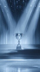 A shiny trophy on a stage with bright lights shining down creating a blue and white color scheme