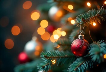 Generative AI: Close-up of a Christmas tree with twinkling lights and holiday ornaments