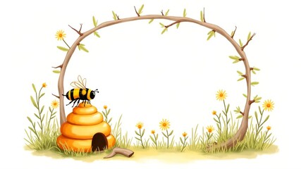 Hand-Drawn Watercolor Illustration of a Bee Inspecting a Hive Frame - Perfect Nursery Art with White Background and Space for Text - Powered by Adobe