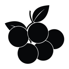 Black silhouette of a bunch of grapes with leaves on a white background fruit food