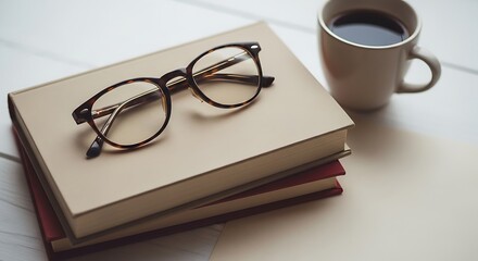 Stack of hardcover books with tortoiseshell glasses and cup of black coffee on white table