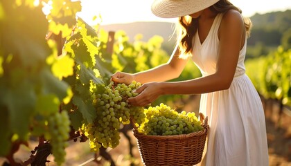 Woman harvests grapes in vineyard (2)