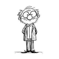 Cartoon funny old man wearing glasses and beard with hands behind back, standing. Professor, scientist concept. Black and white ink line art style. Vector illustration for character, avatar