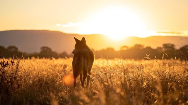 Golden Hour: Dingo Silhouette in Field at Sunset, Australian Wildlife Scene