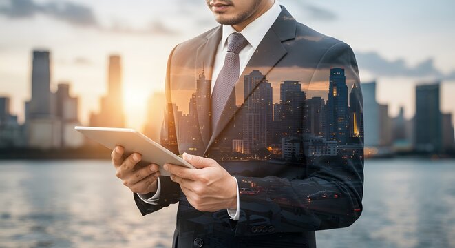 A man in a suit using a tablet with a city skyline overlaid on his body at sunset near the businessman