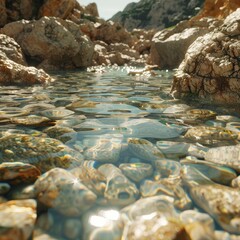 Obraz premium Sun-drenched shallow stream with rocky bed meandering through a rugged landscape of boulders