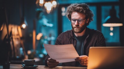 Determined businessman in smart casual wear reviewing documents next to laptop, wooden desk and coffee creating cozy setting,