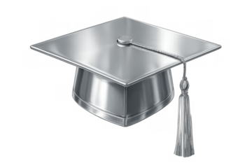 Silver graduation cap with tassel representing successful completion of studies, isolated on transparent background