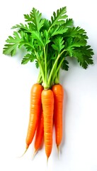 Generative AI image depicting a vibrant bunch of fresh carrots with verdant leafy tops isolated on