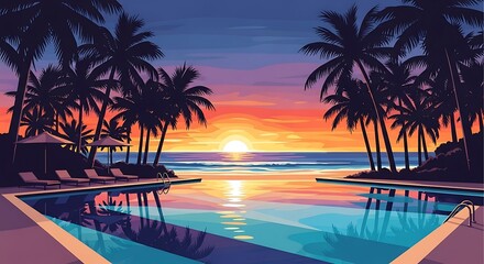 Fototapeta premium Sunset over tropical pool with palm trees reflecting water and sky