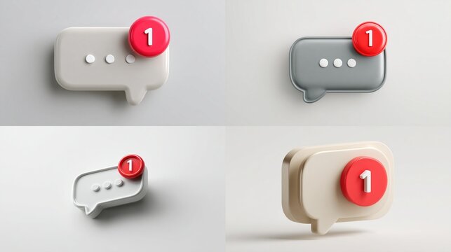 Four 3D rendered chat bubbles, each with a "1" notification badge, in varying colors, on a light surface