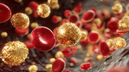 Dynamic macro view of bloodstream crowded with shimmering gold LDL molecules highlighting high cholesterol impact on vascular health.